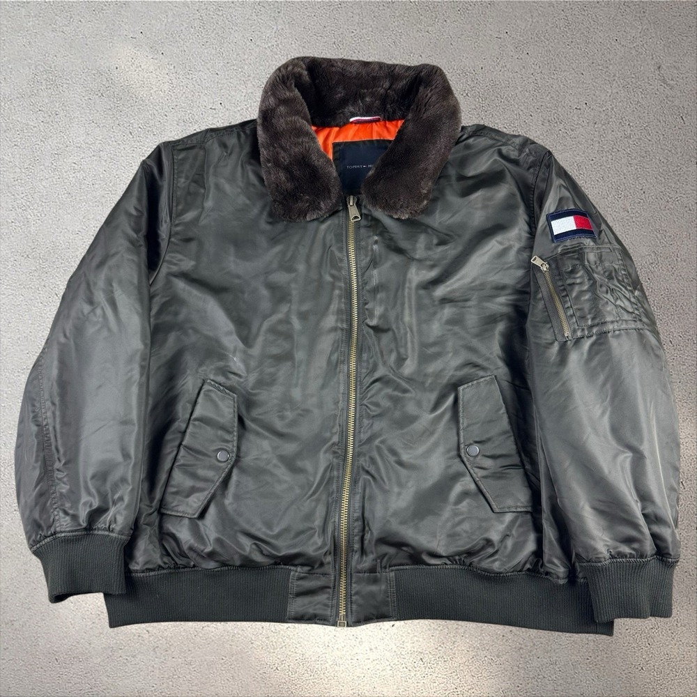 Tommy Hilfiger Military Bomber Jacket Mens 4XL Green Faux Fur Collar Flight EUC